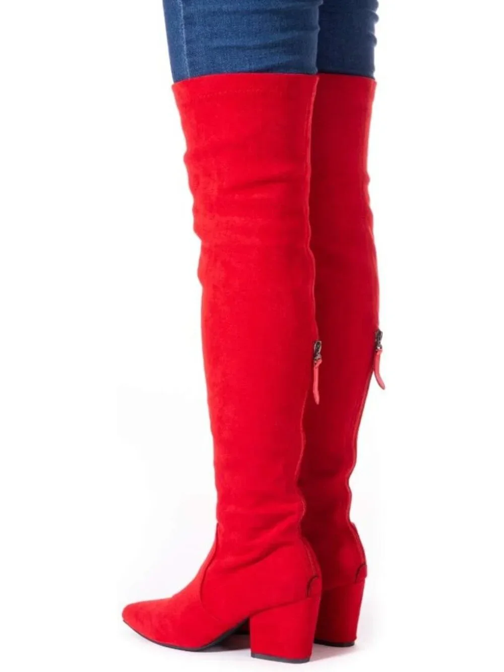 Women's Red Pointed Toe Chunky Block Heel Over The Knee High Boots